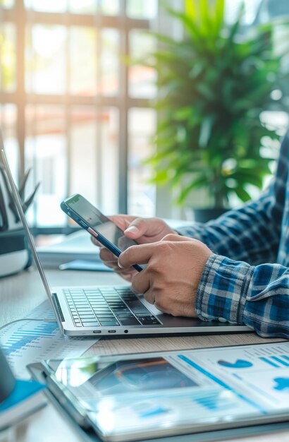 Un uomo sta usando un cellulare mentre è seduto a una scrivania con un portatile e una pianta in vaso La scena suggerisce un ambiente di lavoro in cui l'uomo