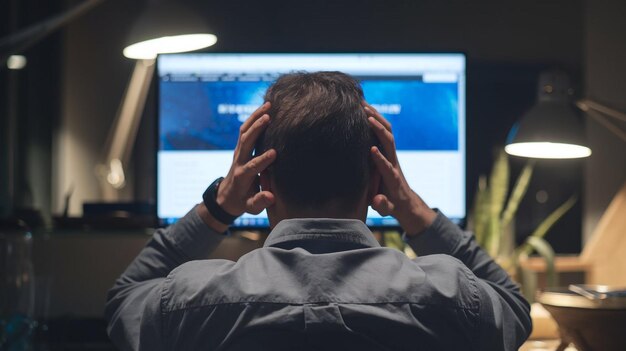 un uomo sta usando un computer con uno schermo blu che dice lento su di esso