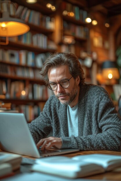 Un uomo sta usando un portatile in una biblioteca