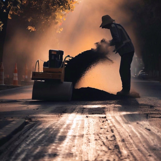 Un uomo sta usando una tempesta di sabbia che sta spruzzando polvere sulla strada.