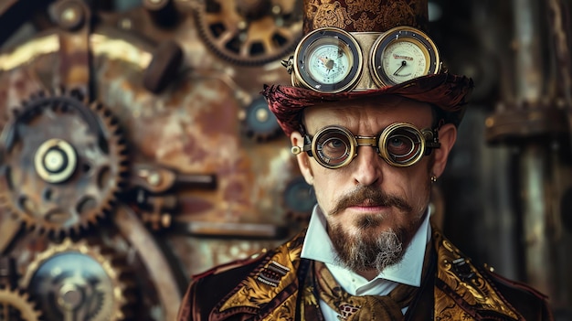 Un uomo steampunk con barba e baffi indossa un cappello e occhiali da protezione si trova di fronte a uno sfondo metallico arrugginito