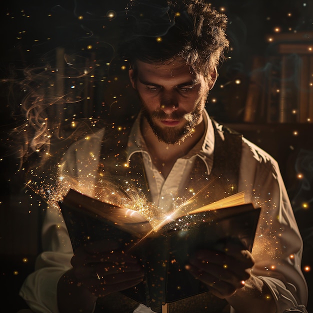 un uomo steampunk sta tenendo un libro magico