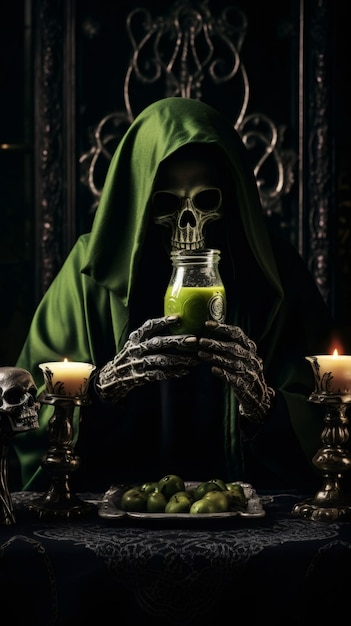 Un uomo stregone in una veste verde con maschera di teschio e cappuccio tiene tra le mani un bicchiere vintage con una bevanda verde velenosa mentre è seduto in una stanza buia a un tavolo con candele accese vista laterale del primo piano