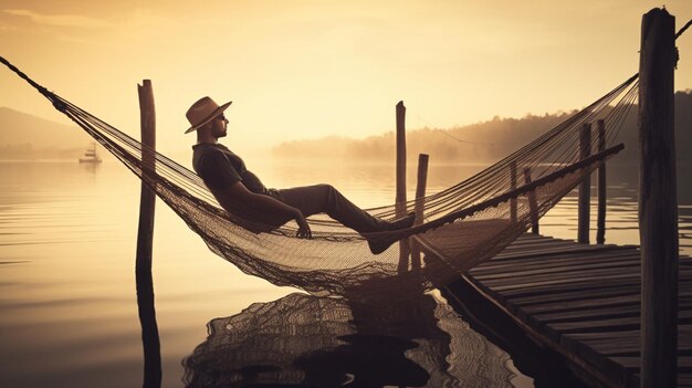 Un uomo su un'amaca su un lago