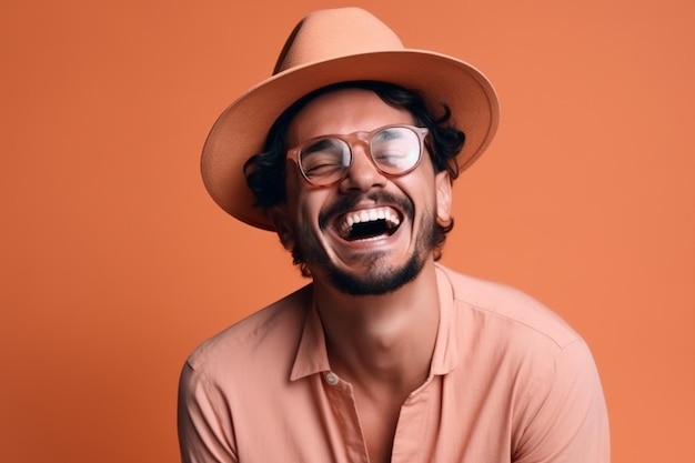 un uomo su un servizio fotografico di sfondo a tinta unita con l'espressione del viso Laugh