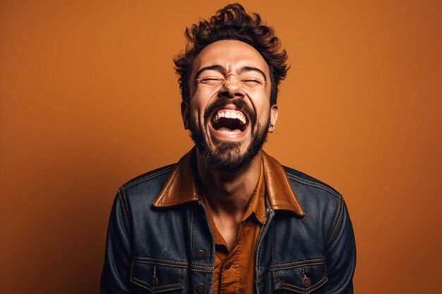 un uomo su un servizio fotografico di sfondo a tinta unita con l'espressione del viso Laugh