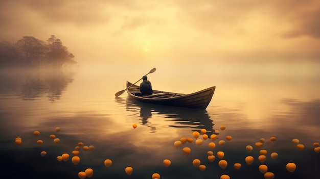 Un uomo su una barca con arance sull'acqua