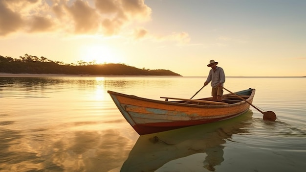 Un uomo su una barca con un tramonto sullo sfondo