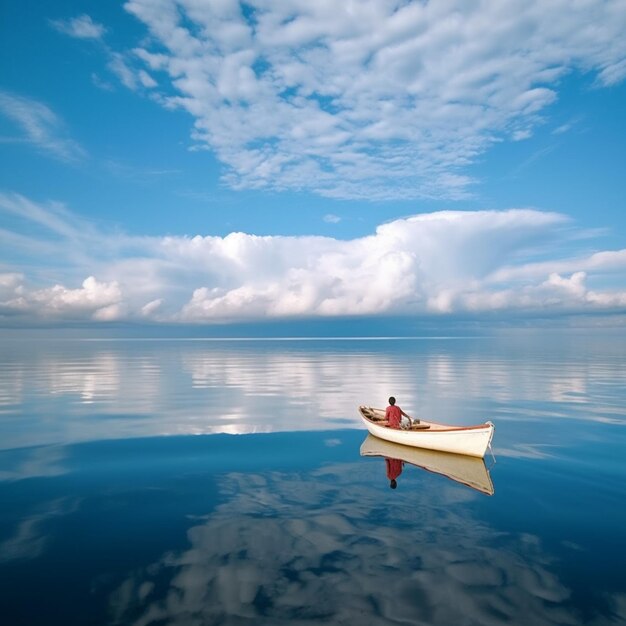 Un uomo su una barca è su un lago con un cielo blu e nuvole.
