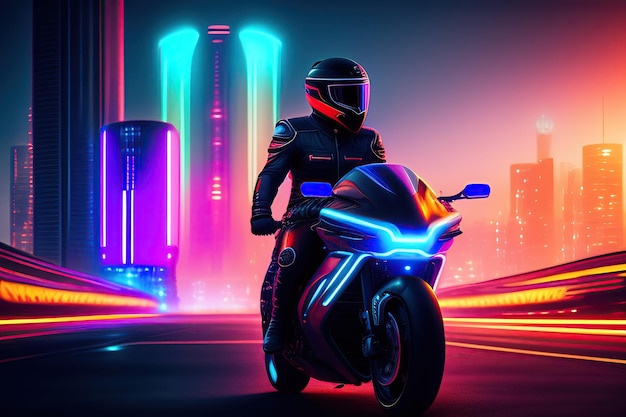 un uomo su una moto con un cartello al neon che dice "la parola".