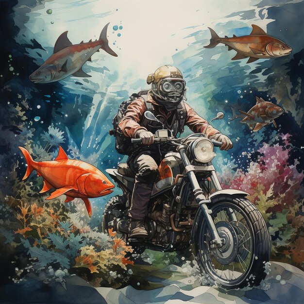 un uomo su una moto con un pesce sullo sfondo.