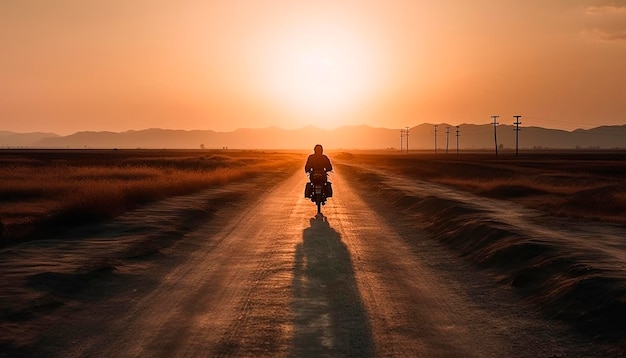 Un uomo su una moto percorre una strada al tramonto.