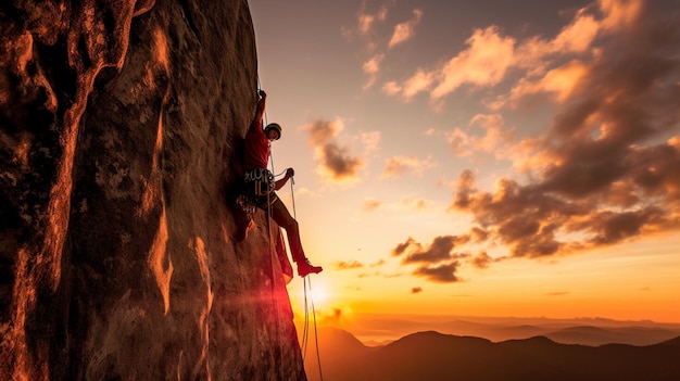 Un uomo su una scogliera con il sole che tramonta dietro di lui