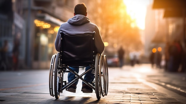 Un uomo su una sedia a rotelle si sta muovendo lungo la strada con uno sfondo sfocato AI generativo