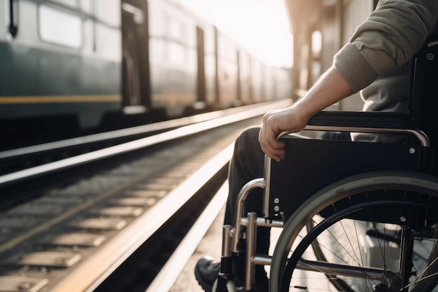 Un uomo su una sedia a rotelle siede su un binario accanto a un treno.