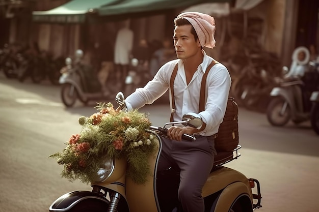 Un uomo su uno scooter in vietnam passa davanti a un negozio.