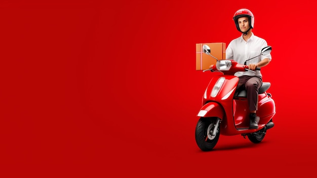 un uomo su uno scooter rosso con un portatile davanti.