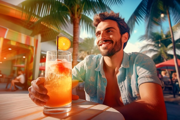 Un uomo sulla spiaggia beve un cocktail AI generativa