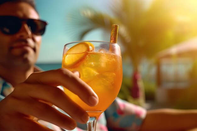 Un uomo sulla spiaggia beve un cocktail AI generativa