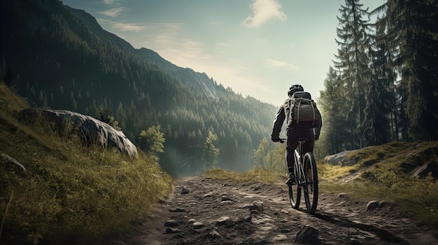 un uomo sulla sua bicicletta attraversa la foresta vicino alle montagne