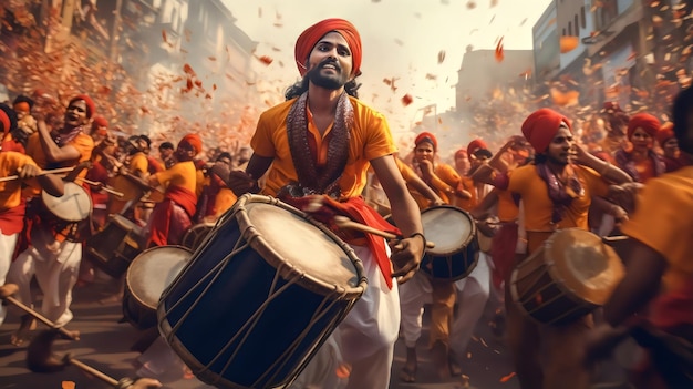 Un uomo suona il tamburo per il festival indù di benvenuto in India