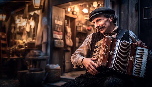 Un uomo suona la fisarmonica in una piccola città.