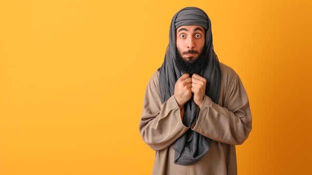 Un uomo svelato in Thobe islamico avvolto di curiosità e meraviglia isolato contro uno sfondo solido con meraviglie di spazio di copia