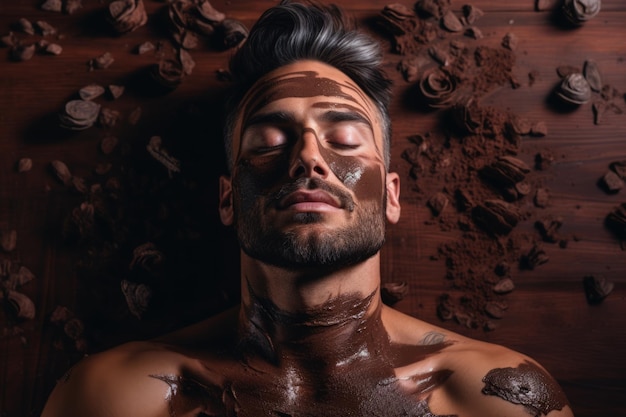 Un uomo tatuato che indossa una maschera facciale al cioccolato per la disintossicazione della pelle sullo sfondo di una spa rilassante