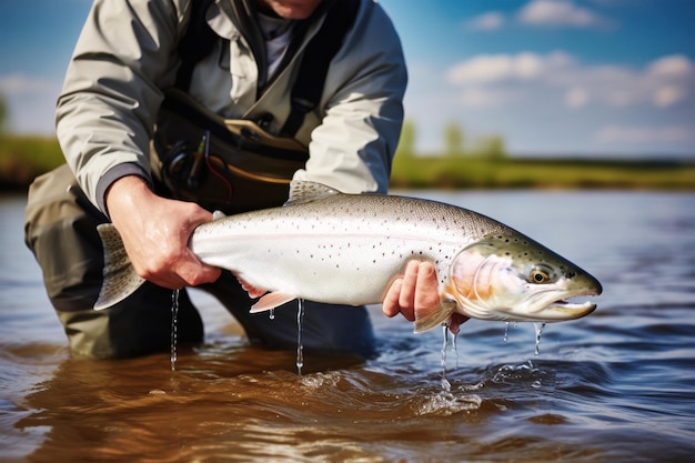 Un uomo tiene graziosamente un pesce vivace in un corpo d'acqua sereno catturando la bellezza del momento nell'abbraccio della natura