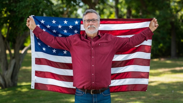 un uomo tiene in alto una bandiera americana che dice USA