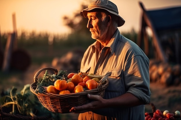 Un uomo tiene in mano un cesto di raccolti raccolti sullo sfondo di un primo piano di una fattoria Illustrazione dell'IA generativa