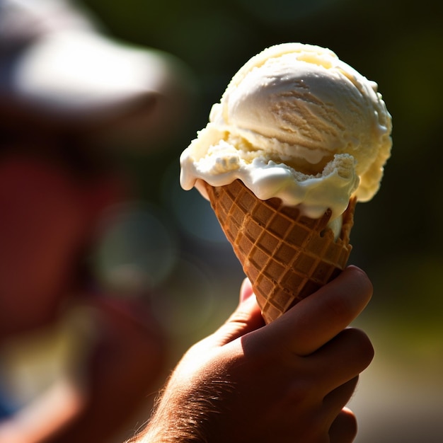 Un uomo tiene in mano un cono di cialda con sopra del gelato alla vaniglia.