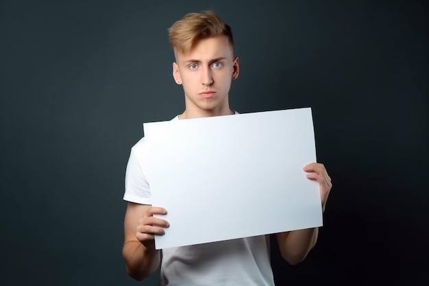 Un uomo tiene in mano un modello di cartello bianco vuoto