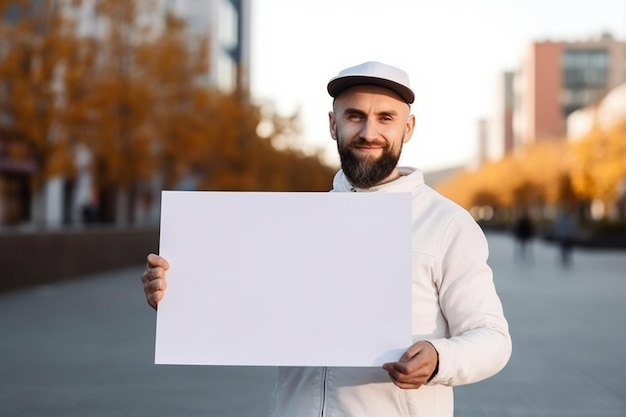 Un uomo tiene in mano un modello di cartello bianco vuoto