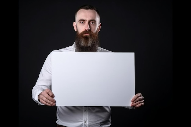 Un uomo tiene in mano un modello di cartello bianco vuoto