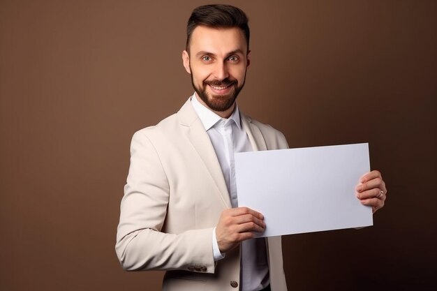 Un uomo tiene in mano un modello di cartello bianco vuoto