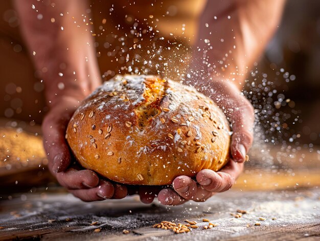 Un uomo tiene in mano un pane con la farina sopra