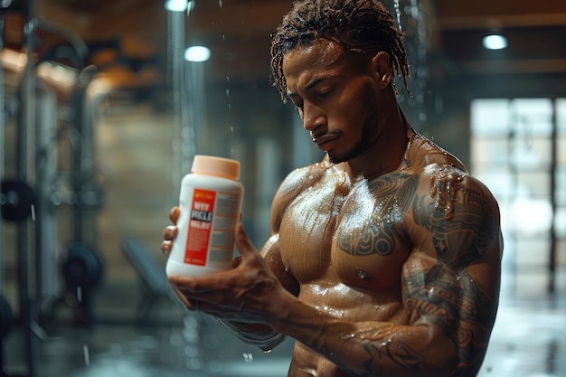 Un uomo tiene in mano una bottiglia di Muscle Milk in una palestra