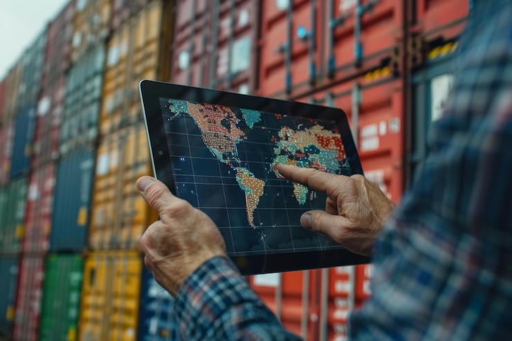 Foto un uomo tiene in mano una tavoletta con una mappa del mondo