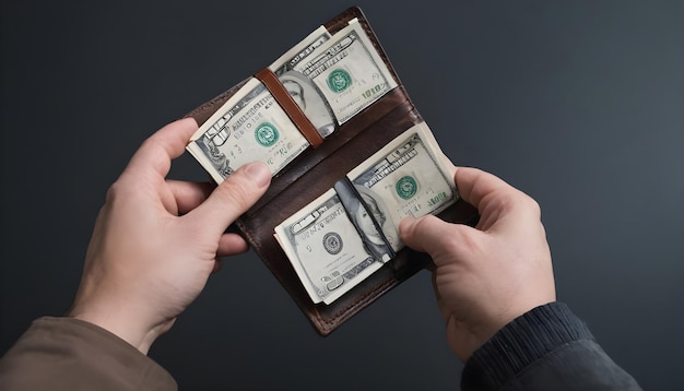 Un uomo tiene un portafoglio aperto con i soldi nelle mani Le mani tirano fuori le banconote dal portafoglio