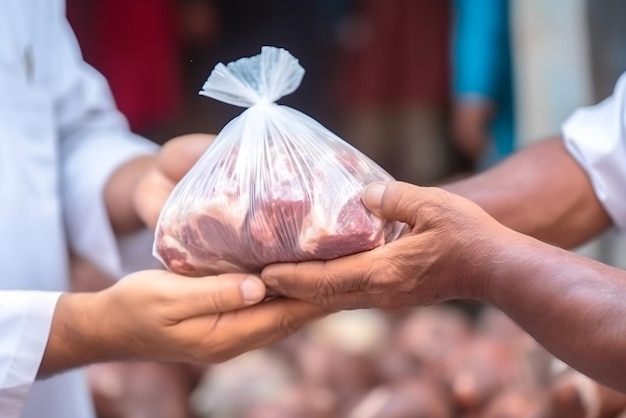 Un uomo tiene una borsa di carne in un sacchetto di plastica.