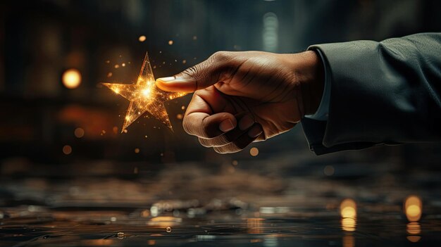 Un uomo tocca con la mano una stella magica astratta e luminosa il concetto di ottenere una stella