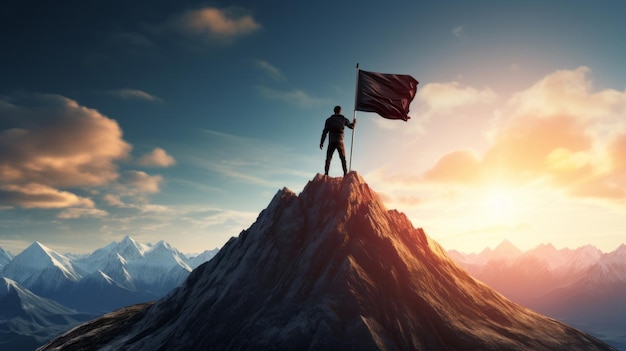 Un uomo trionfante in piedi su una vetta di montagna agitando una bandiera