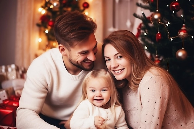 Un uomo, una donna e un bambino seduti davanti a un albero di Natale