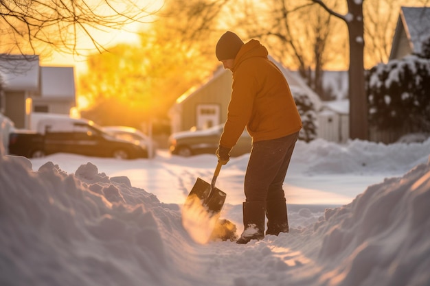 Un uomo usa una pala al tramonto invernale per rimuovere la neve dalla strada