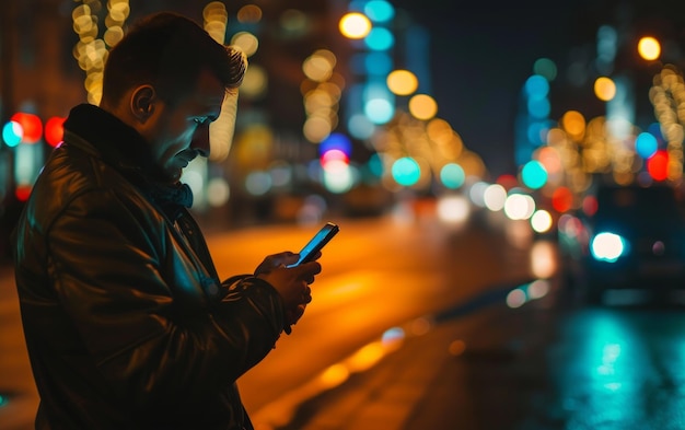 Un uomo usa uno smartphone in mezzo al paesaggio urbano di notte illustrando lo stile di vita urbano moderno e la connettività anche in ambienti notturni