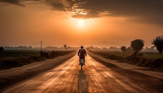 Un uomo va in bicicletta su una strada polverosa al tramonto