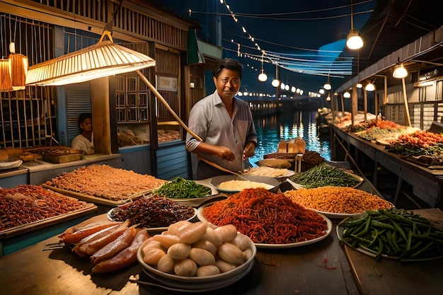 Un uomo vende cibo in un mercato