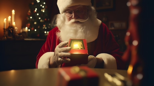 Un uomo vestito da Babbo Natale tiene in mano una piccola scatola con dentro una candela accesa.