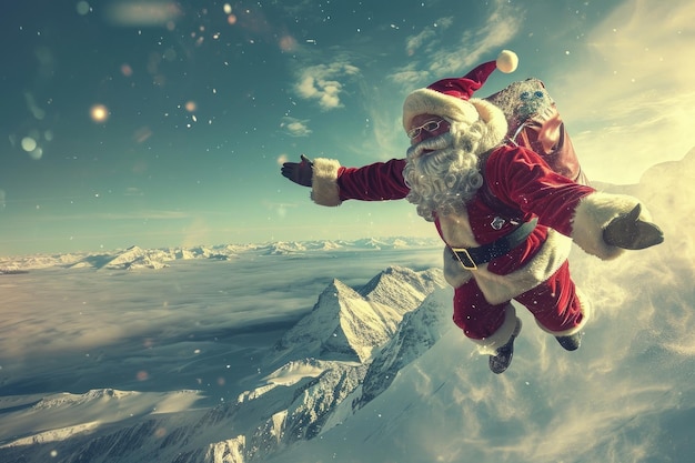 Un uomo vestito da Babbo Natale vola attraverso il cielo portando l'allegria natalizia a tutti un'immagine onirica di Santa Claus che vola sul Polo Nord generata dall'AI